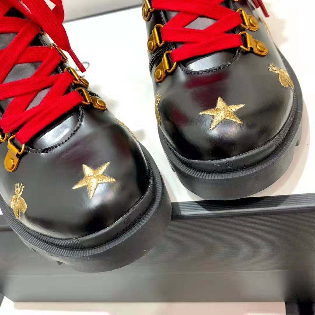 Gucci Women Gucci Leather Embroidered Ankle Boot in Black Leather 8.9 cm-Red