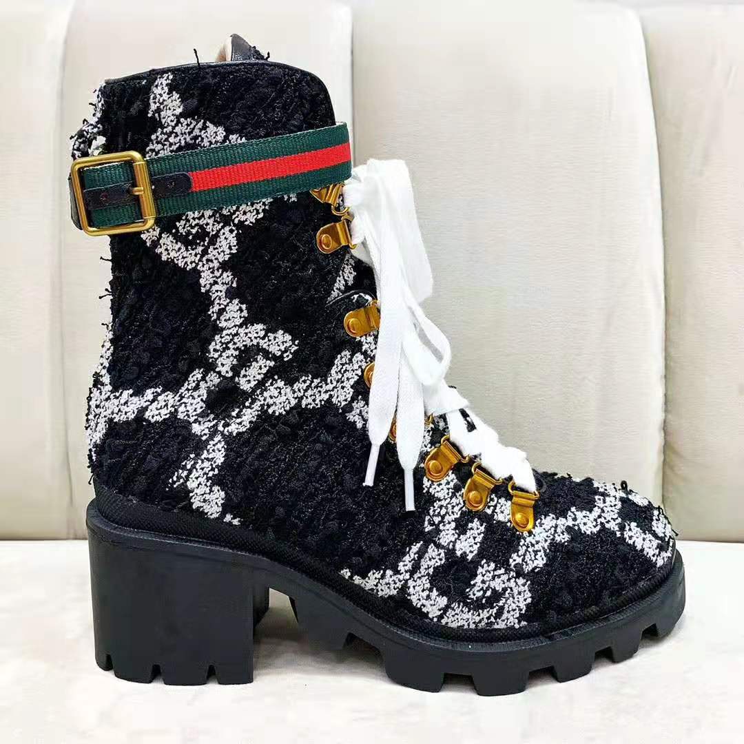 Gucci Women Gucci Zumi GG Tweed Ankle Boot in Black and White GG Tweed 10 cm Heel