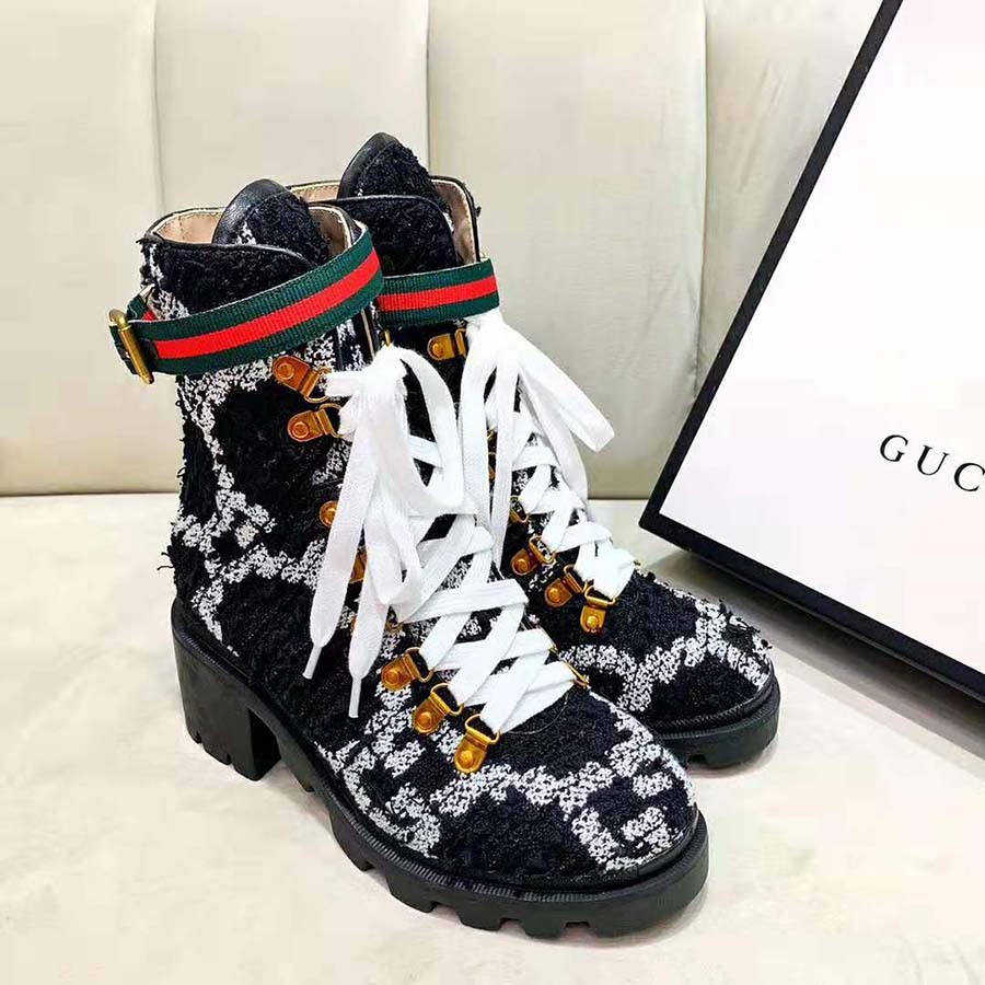 Gucci Women Gucci Zumi GG Tweed Ankle Boot in Black and White GG Tweed 10 cm Heel