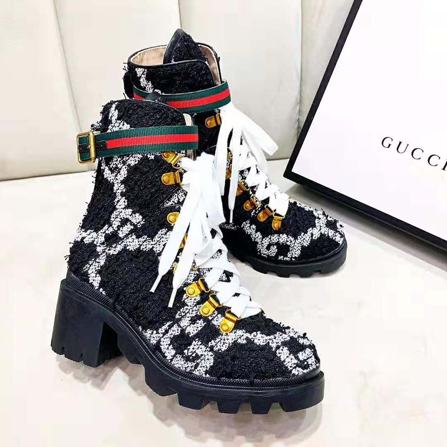 Gucci Women Gucci Zumi GG Tweed Ankle Boot in Black and White GG Tweed 10 cm Heel