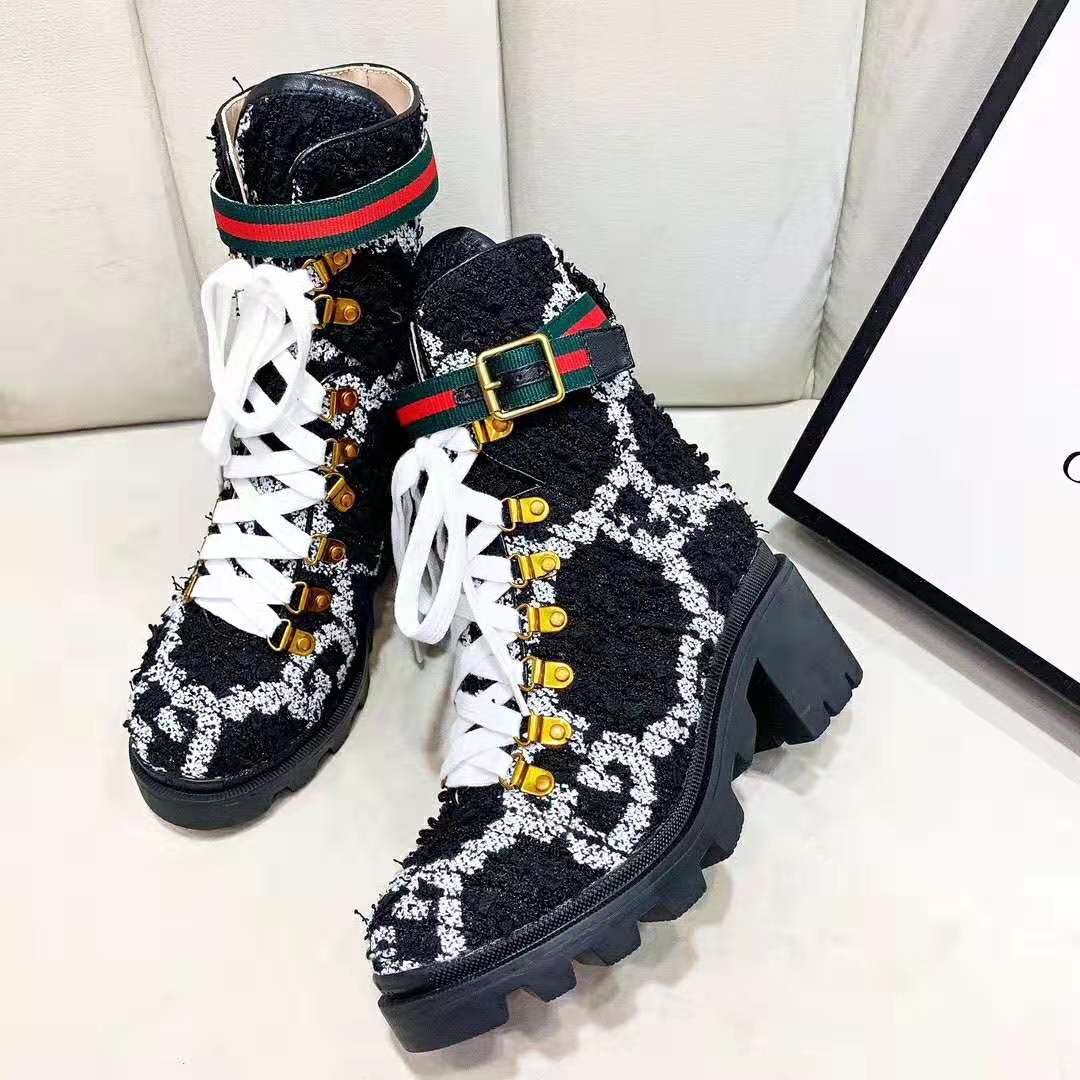 Gucci Women Gucci Zumi GG Tweed Ankle Boot in Black and White GG Tweed 10 cm Heel