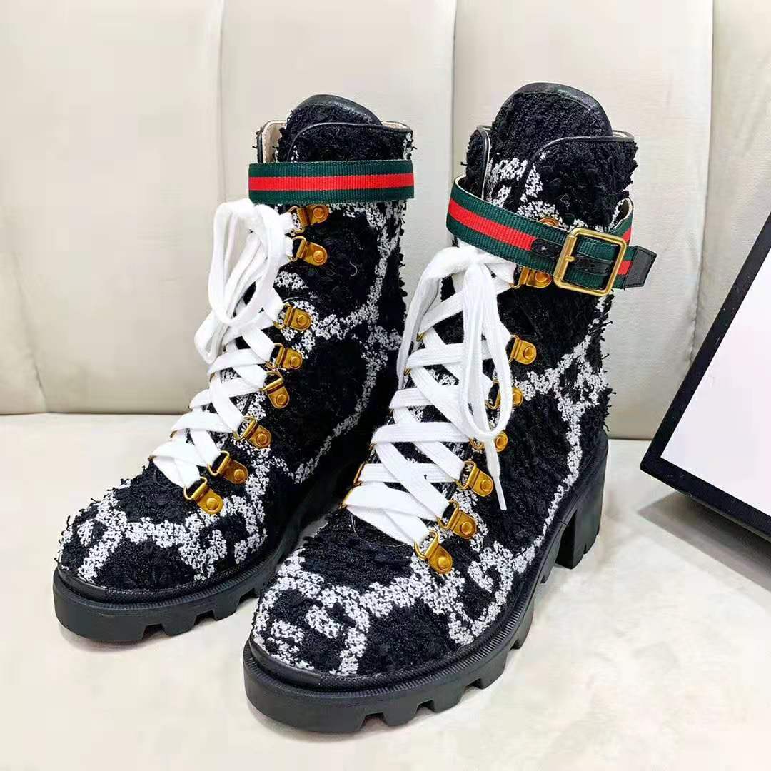 Gucci Women Gucci Zumi GG Tweed Ankle Boot in Black and White GG Tweed 10 cm Heel