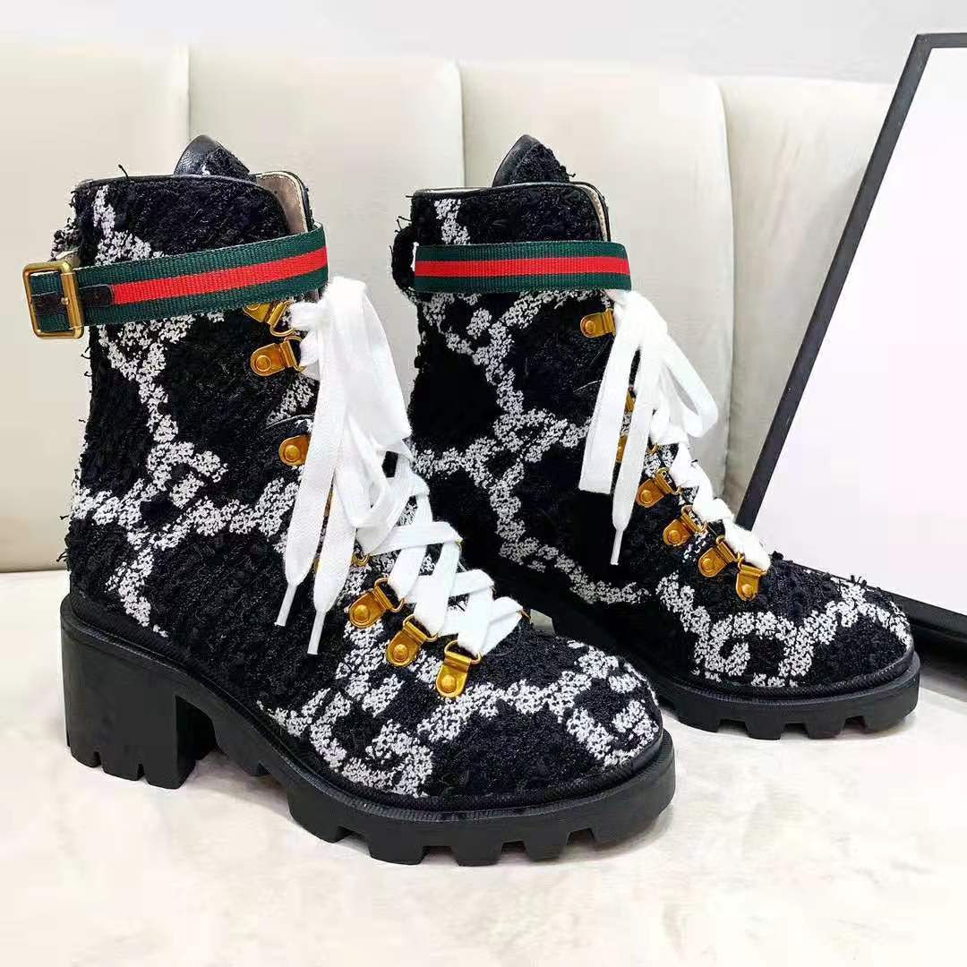 Gucci Women Gucci Zumi GG Tweed Ankle Boot in Black and White GG Tweed 10 cm Heel