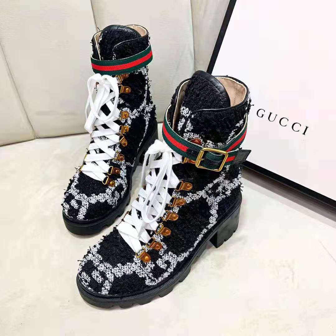 Gucci Women Gucci Zumi GG Tweed Ankle Boot in Black and White GG Tweed 10 cm Heel