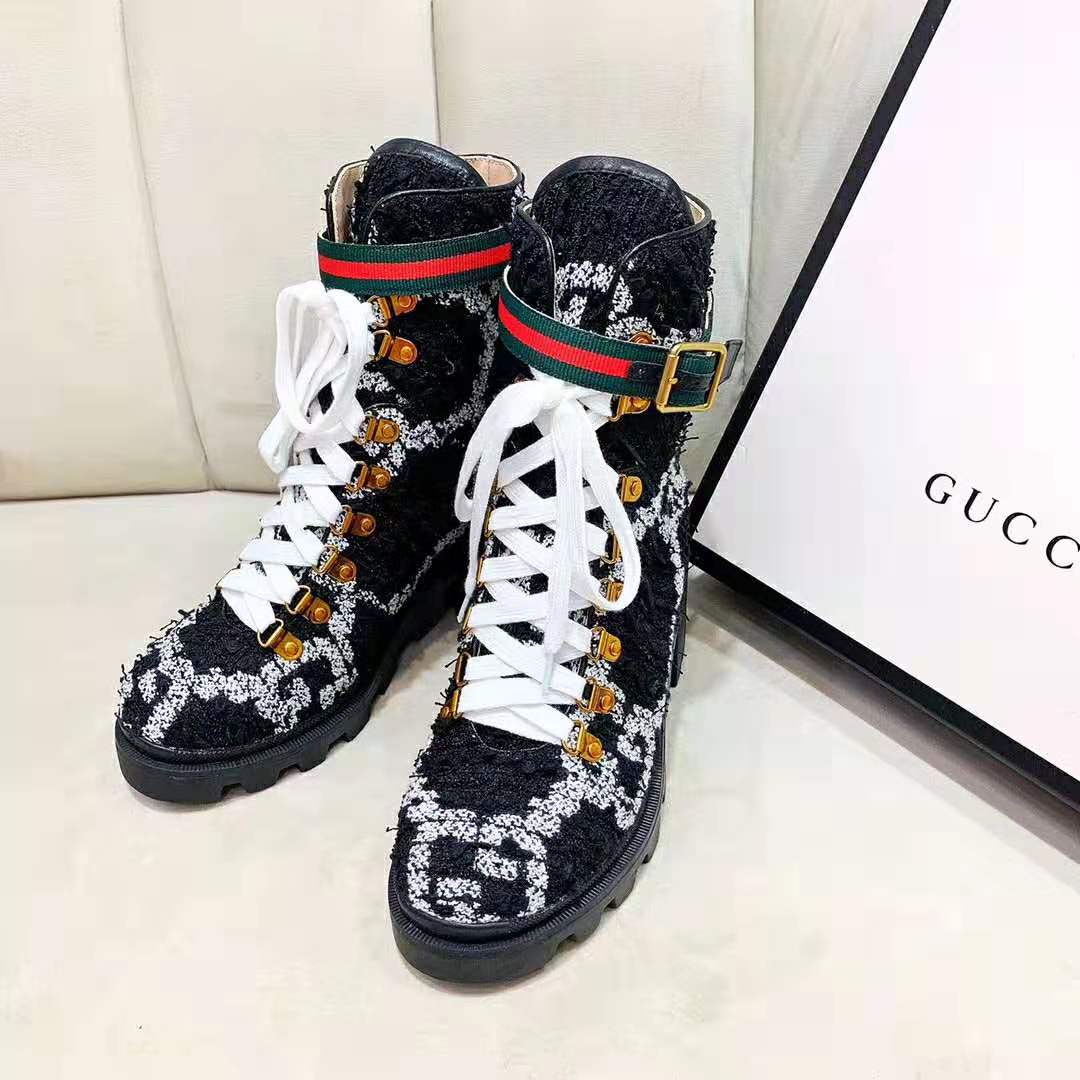 Gucci Women Gucci Zumi GG Tweed Ankle Boot in Black and White GG Tweed 10 cm Heel