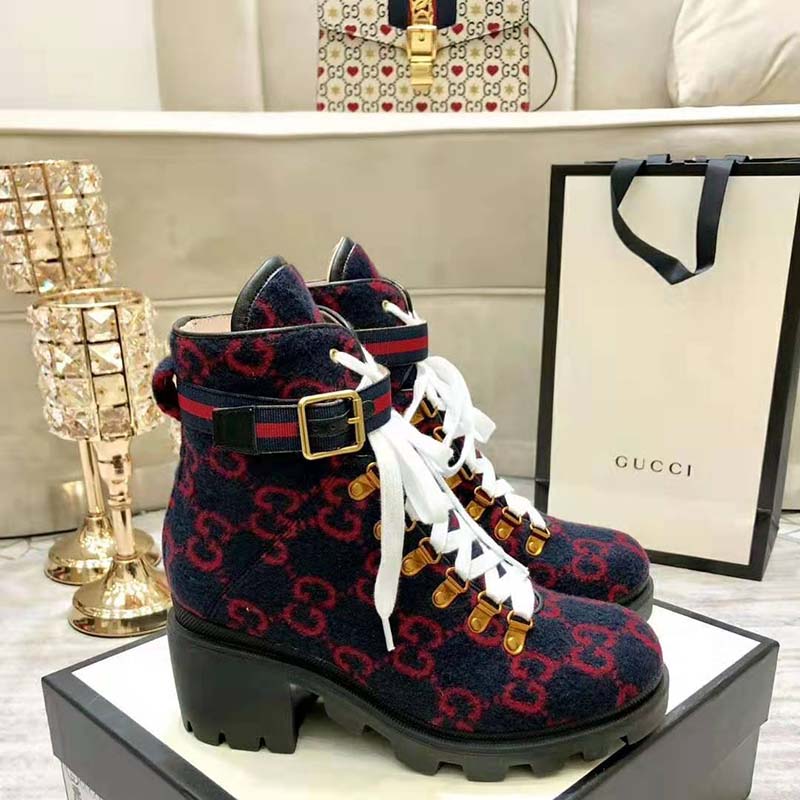 Gucci Women Gucci Zumi GG Wool Ankle Boot in Blue and Red GG Wool