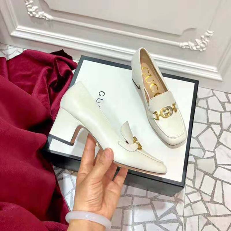 Gucci Women Gucci Zumi Leather Mid-Heel Loafer with Interlocking G Horsebit in 5.6 cm Height-White