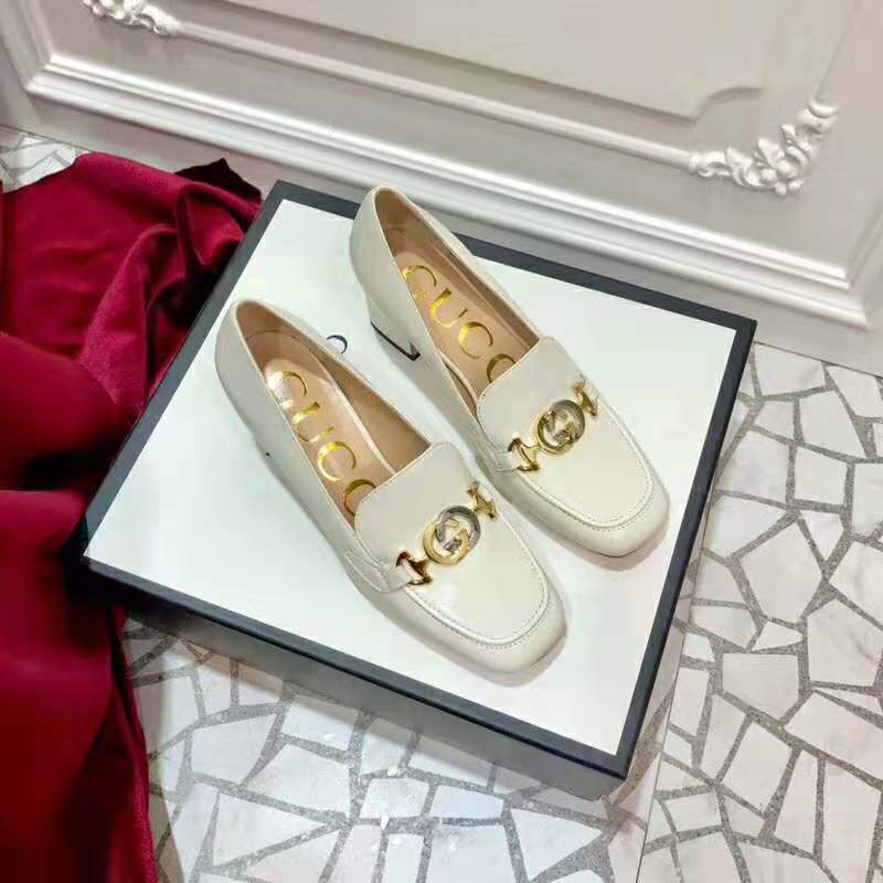 Gucci Women Gucci Zumi Leather Mid-Heel Loafer with Interlocking G Horsebit in 5.6 cm Height-White