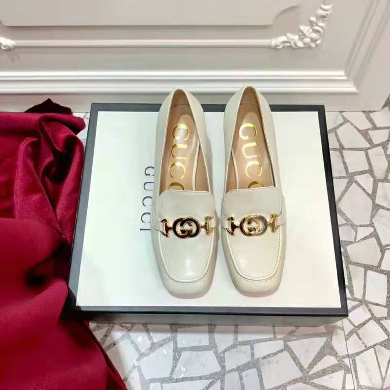 Gucci Women Gucci Zumi Leather Mid-Heel Loafer with Interlocking G Horsebit in 5.6 cm Height-White