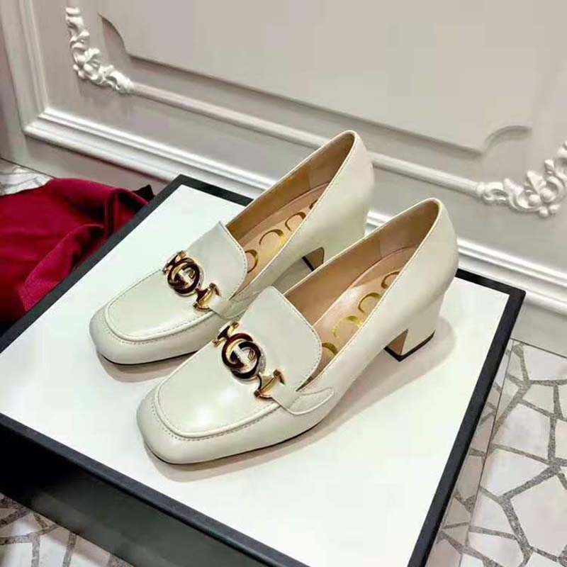Gucci Women Gucci Zumi Leather Mid-Heel Loafer with Interlocking G Horsebit in 5.6 cm Height-White