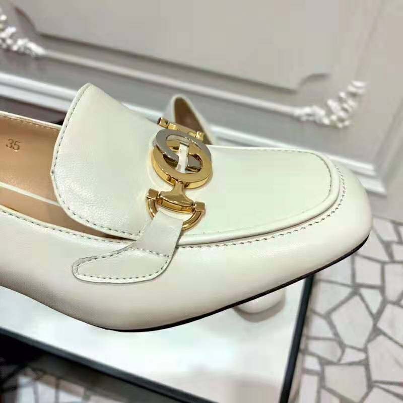 Gucci Women Gucci Zumi Leather Mid-Heel Loafer with Interlocking G Horsebit in 5.6 cm Height-White