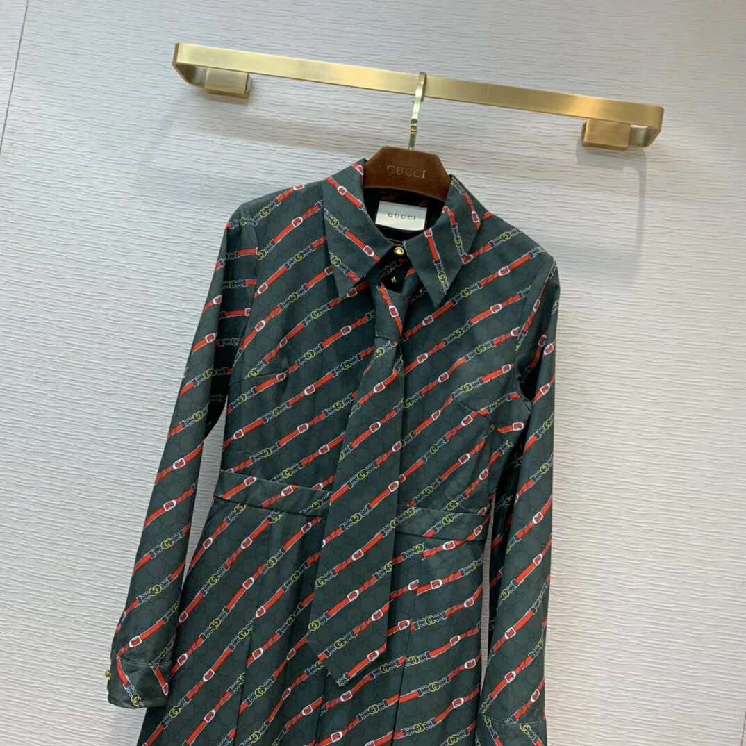 Gucci Women Interlocking G and Belts Print Dress in 100% Silk-Green