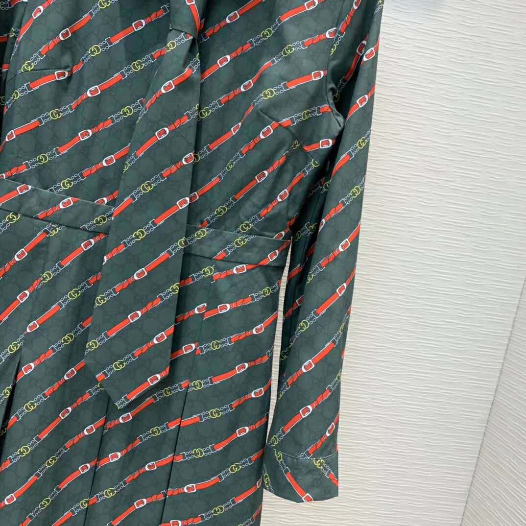 Gucci Women Interlocking G and Belts Print Dress in 100% Silk-Green