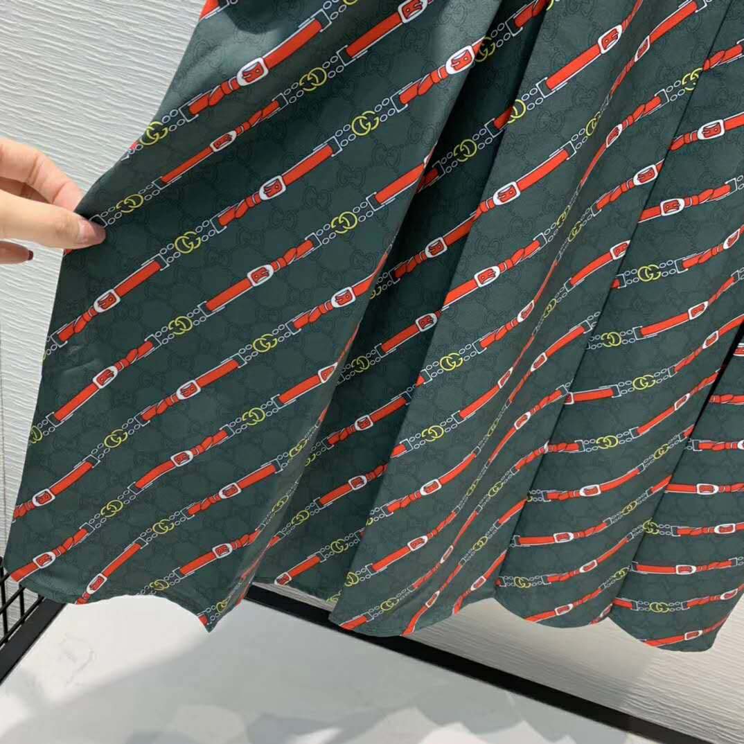 Gucci Women Interlocking G and Belts Print Dress in 100% Silk-Green
