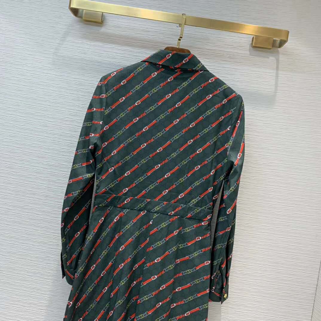 Gucci Women Interlocking G and Belts Print Dress in 100% Silk-Green