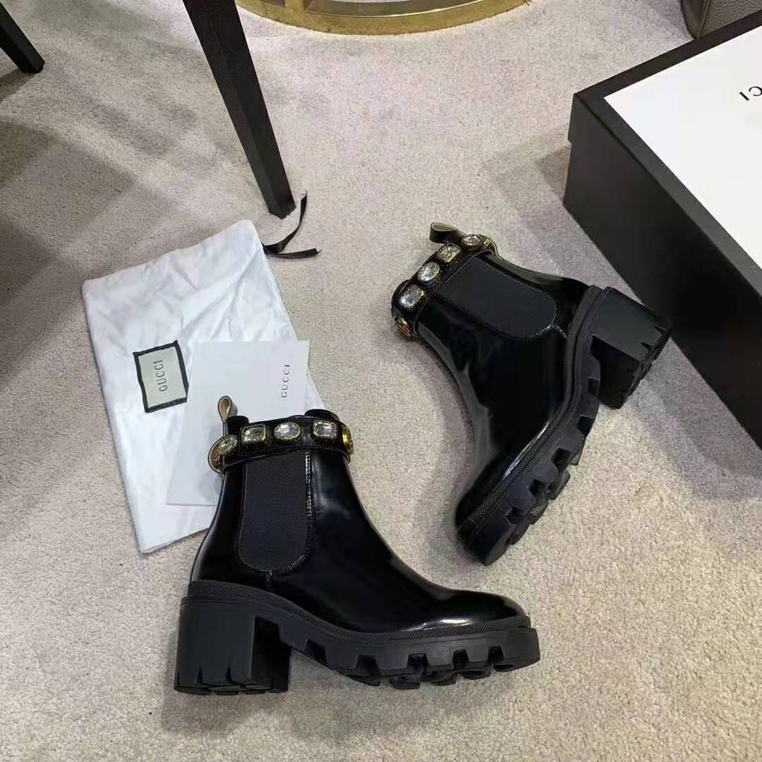 Gucci Women Leather Ankle Boot with Belt 6 cm Heel in Black Shiny Leather