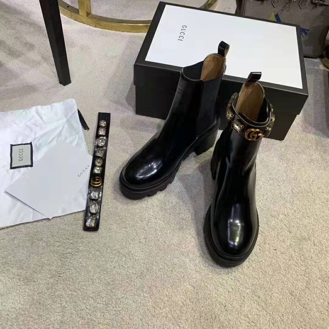 Gucci Women Leather Ankle Boot with Belt 6 cm Heel in Black Shiny Leather