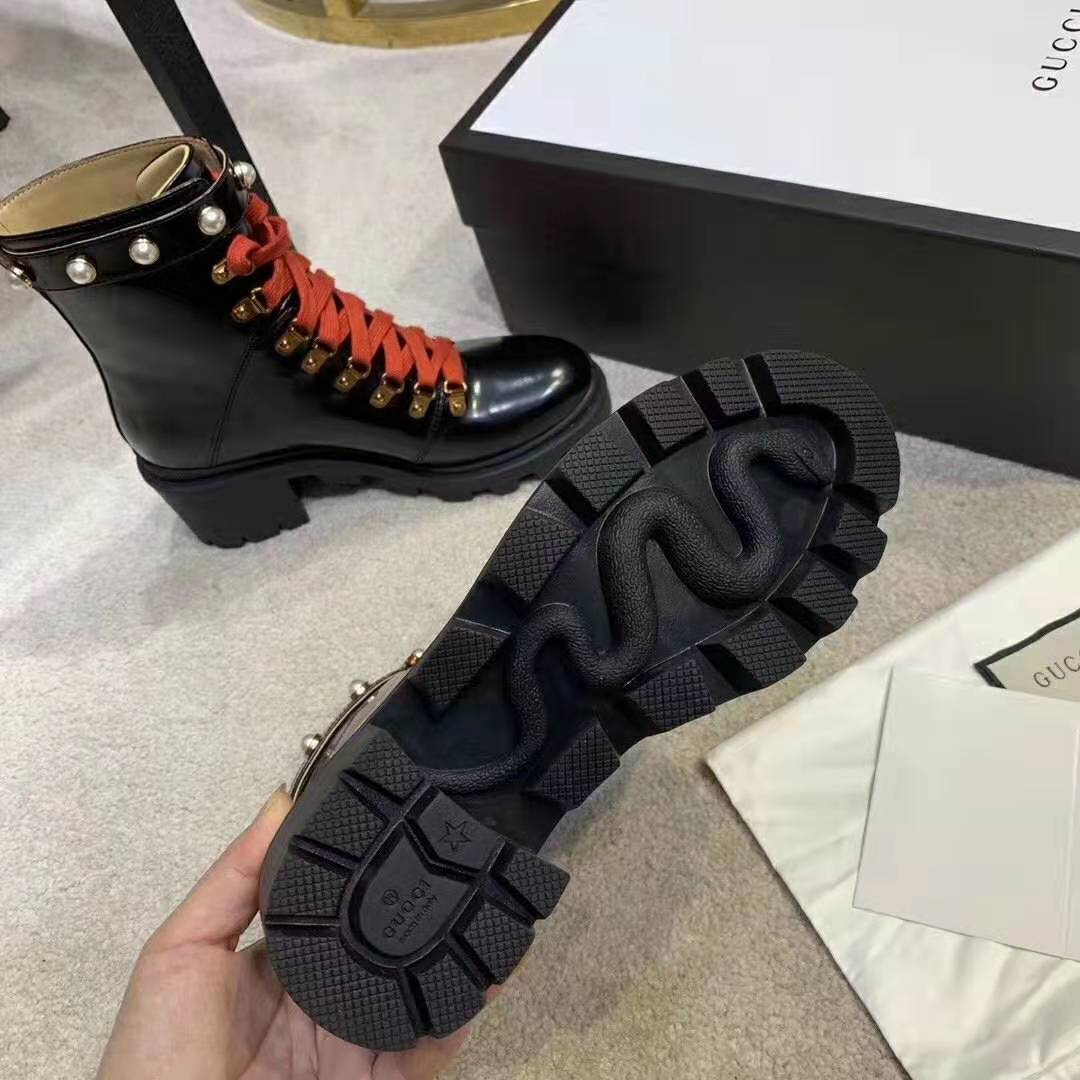 Gucci Women Leather Ankle Boot with Red Laces in Black Shiny Leather