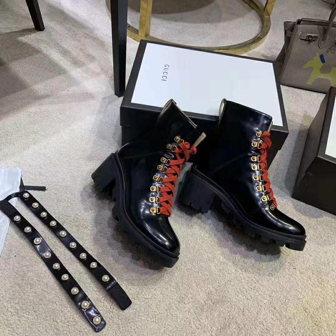 Gucci Women Leather Ankle Boot with Red Laces in Black Shiny Leather