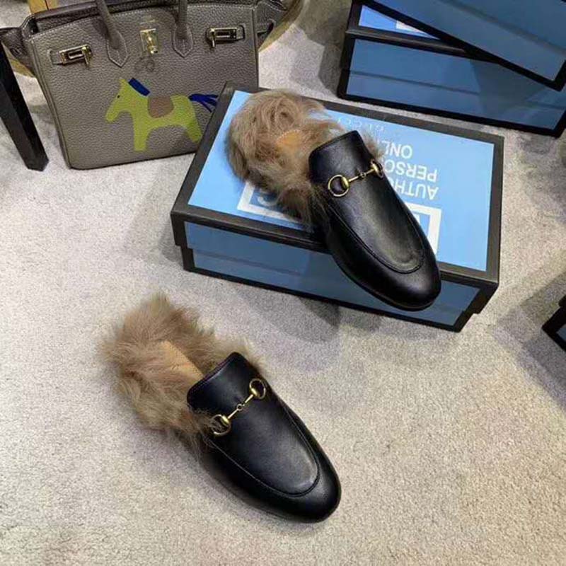 Gucci Women Princetown Leather Slipper with Lamb Wool-Black