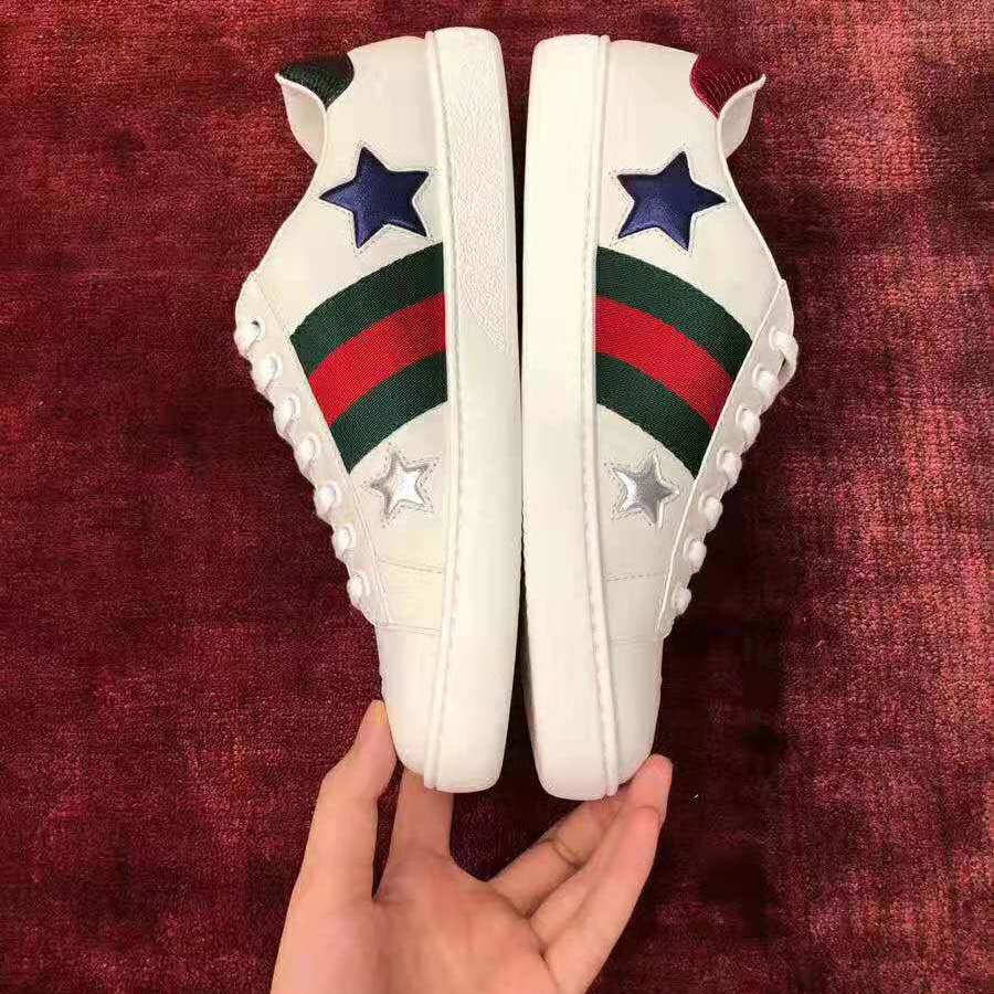 Gucci Women’s Ace Embroidered Sneaker in White Leather with Inlaid Multicolor Stars