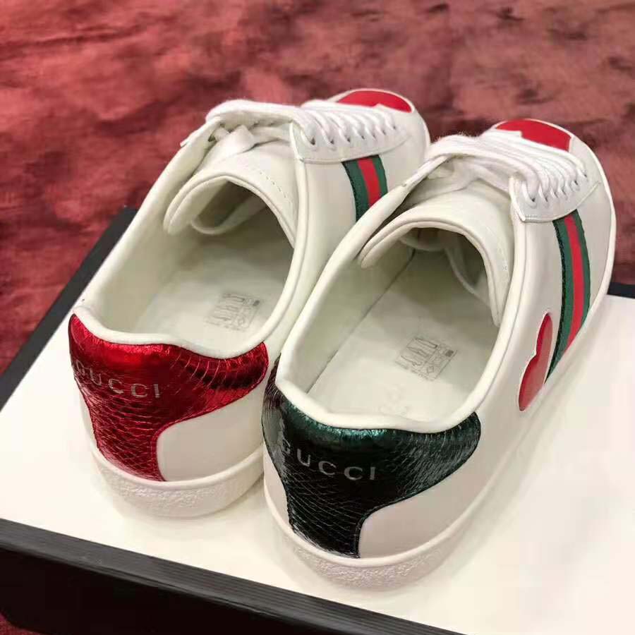 Gucci Women’s Ace Embroidered Sneaker with Two Leather Hearts in Rubber Sole-White