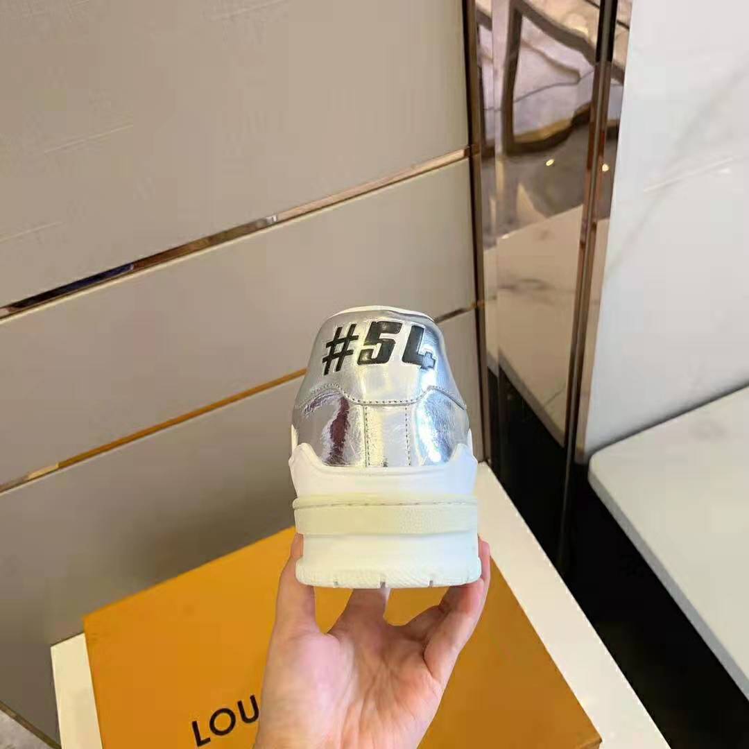 Louis Vuitton LV Men LV Trainer Sneaker in Metallic Silver Leather with Louis Vuitton Script Signature
