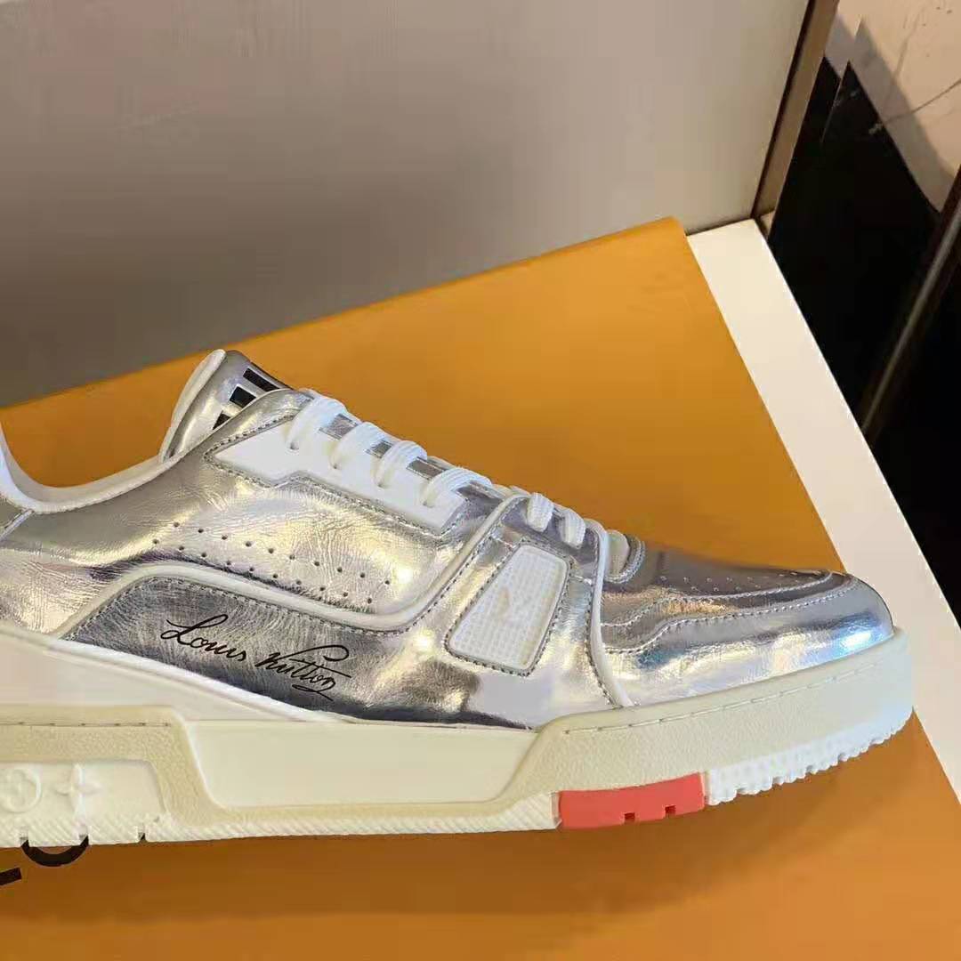 Louis Vuitton LV Men LV Trainer Sneaker in Metallic Silver Leather with Louis Vuitton Script Signature