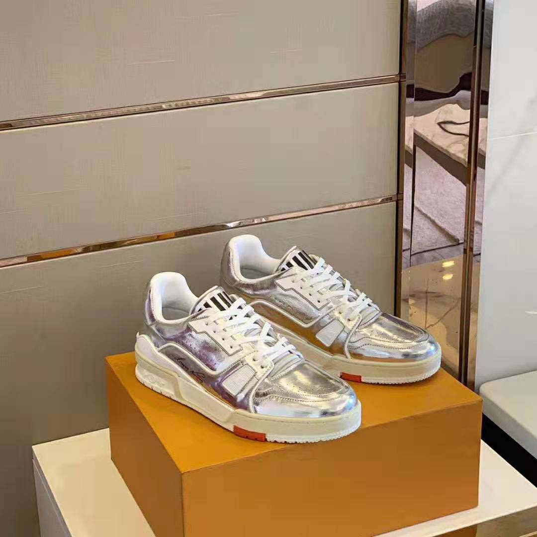 Louis Vuitton LV Men LV Trainer Sneaker in Metallic Silver Leather with Louis Vuitton Script Signature