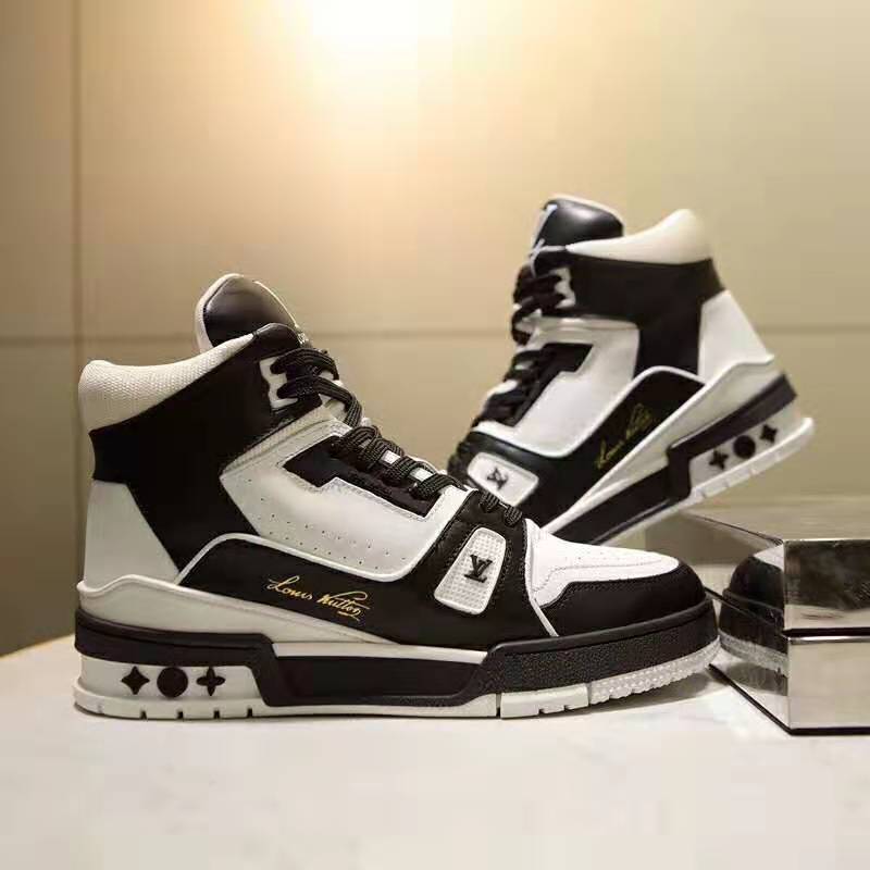 Louis Vuitton LV Unisex LV Trainer Sneaker in Calf Leather with Monogram Flowers-Black