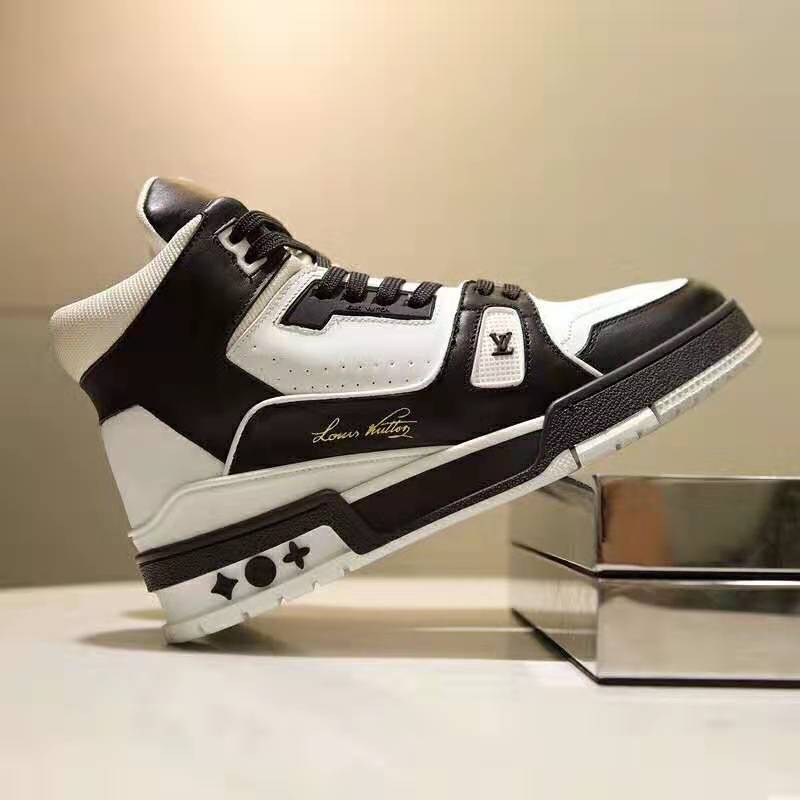 Louis Vuitton LV Unisex LV Trainer Sneaker in Calf Leather with Monogram Flowers-Black