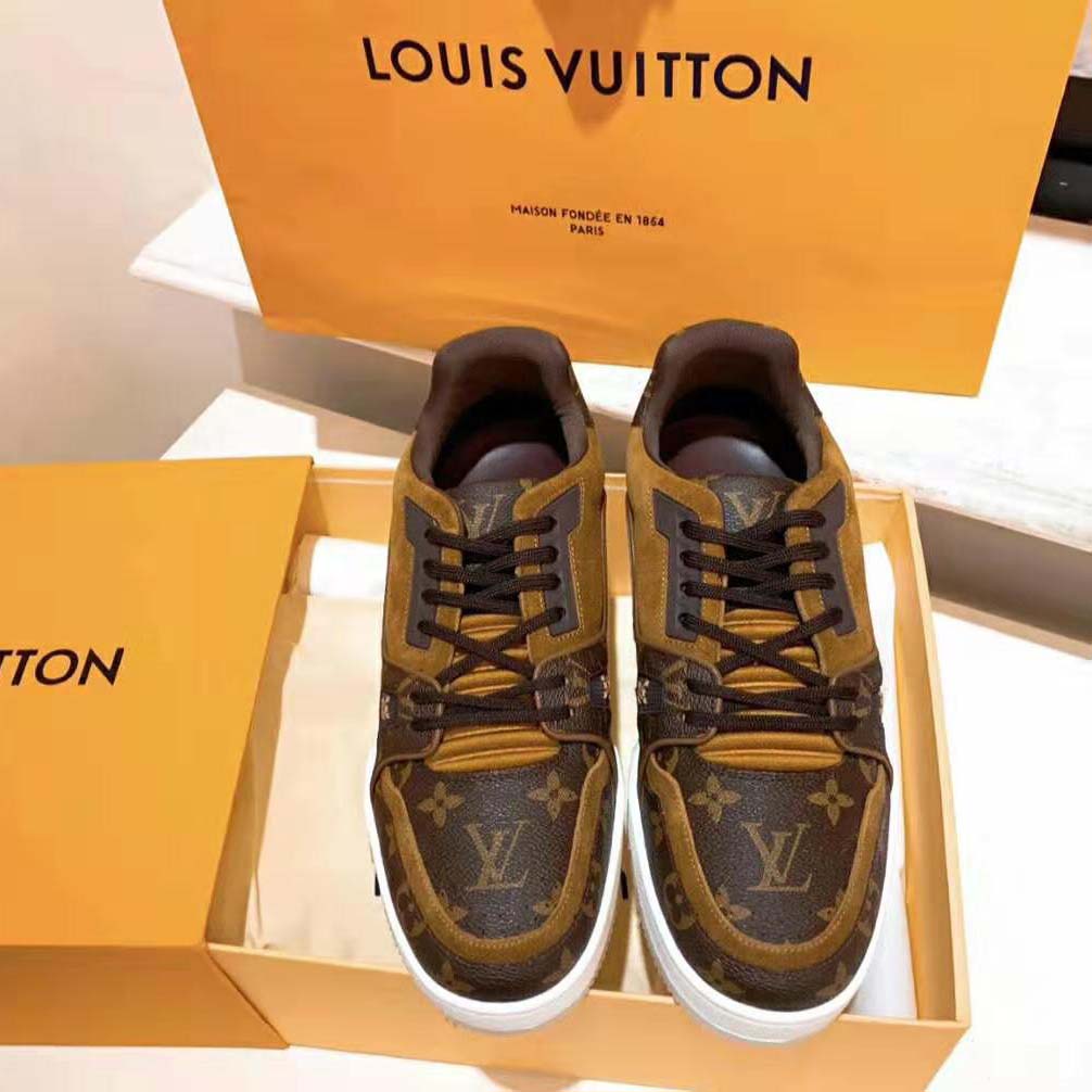 Louis Vuitton LV Unisex LV Trainer Sneaker in Monogram Canvas and Suede Calf Leather-Brown