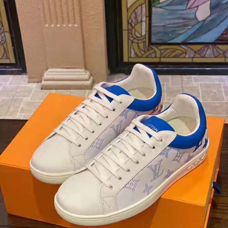 Louis Vuitton LV Unisex Luxembourg Sneaker in White Grained Calf Leather-Blue
