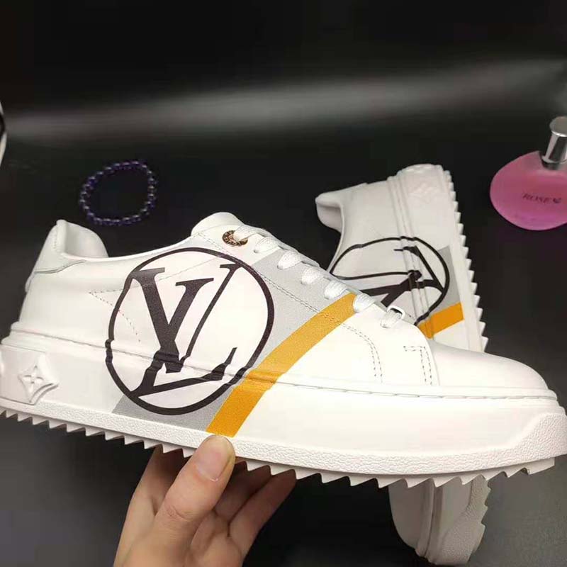 Louis Vuitton LV Unisex Time Out Sneaker in Calf Leather and Monogram Flowers-Grey