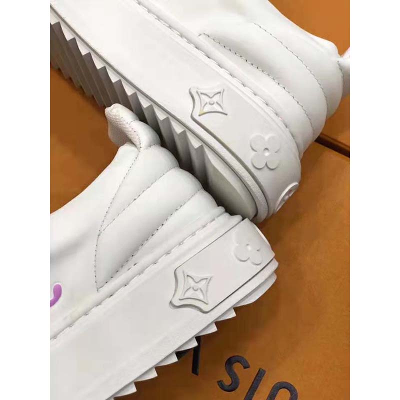 Louis Vuitton LV Unisex Time Out Sneaker in Supple Calf Leather with Rainbow-Colored Vuitton Signature-White