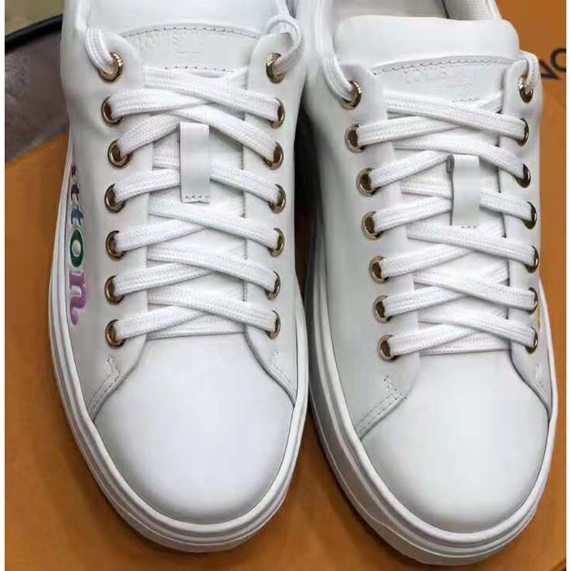 Louis Vuitton LV Unisex Time Out Sneaker in Supple Calf Leather with Rainbow-Colored Vuitton Signature-White