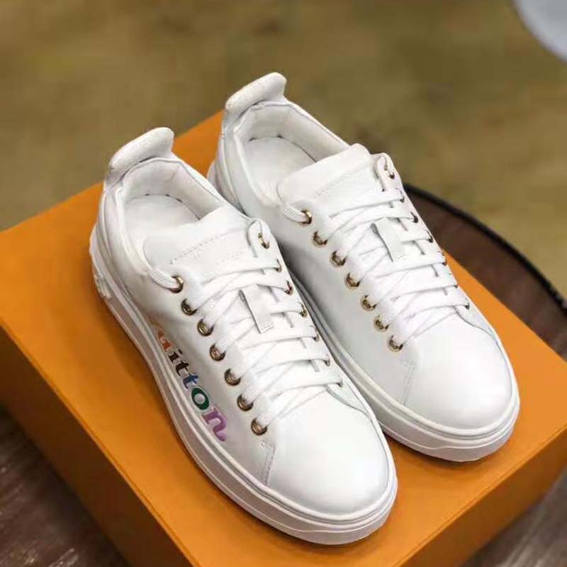 Louis Vuitton LV Unisex Time Out Sneaker in Supple Calf Leather with Rainbow-Colored Vuitton Signature-White
