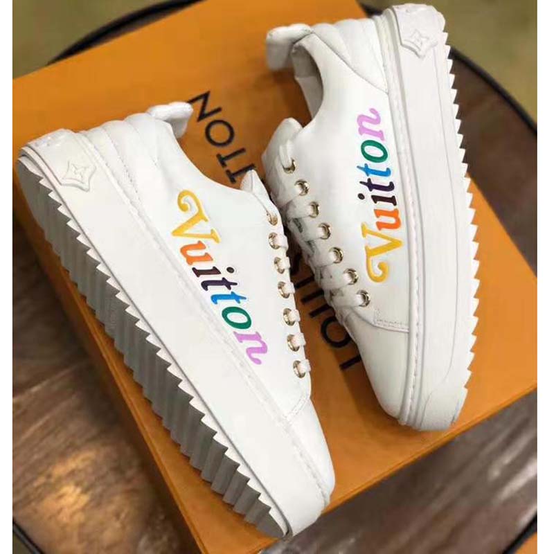 Louis Vuitton LV Unisex Time Out Sneaker in Supple Calf Leather with Rainbow-Colored Vuitton Signature-White