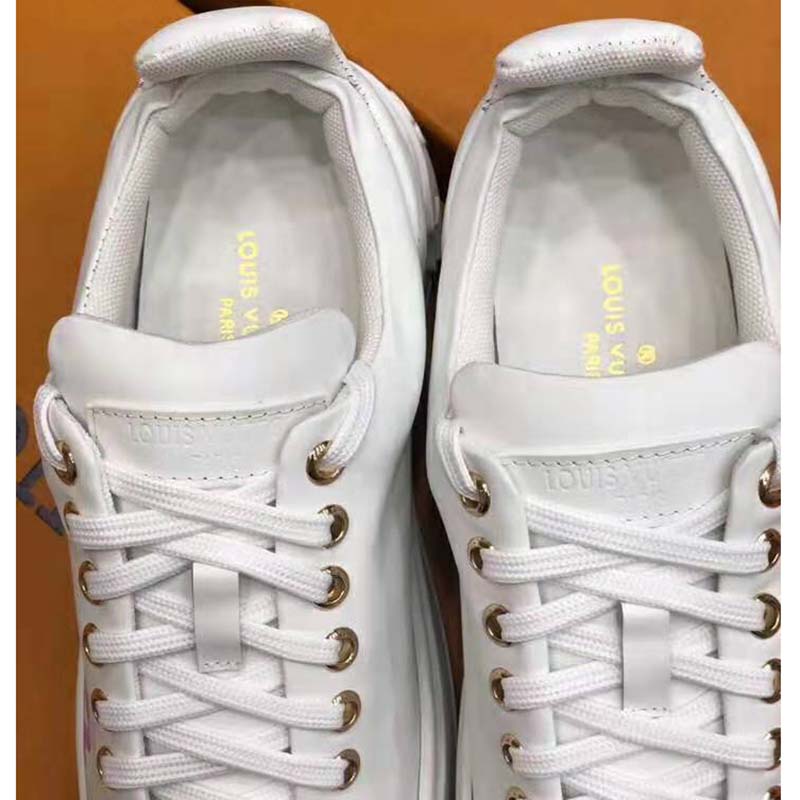 Louis Vuitton LV Unisex Time Out Sneaker in Supple Calf Leather with Rainbow-Colored Vuitton Signature-White