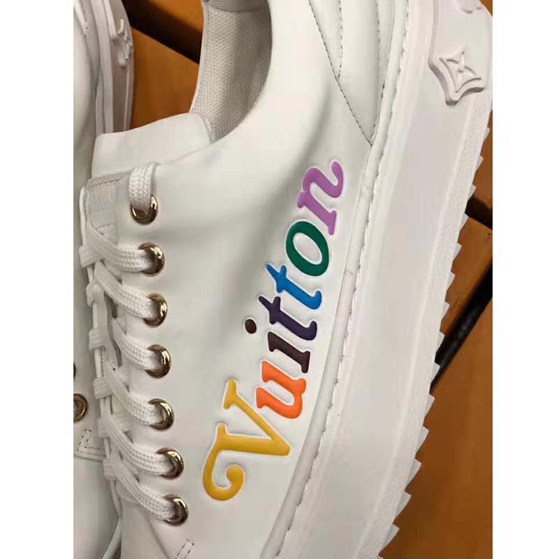 Louis Vuitton LV Unisex Time Out Sneaker in Supple Calf Leather with Rainbow-Colored Vuitton Signature-White
