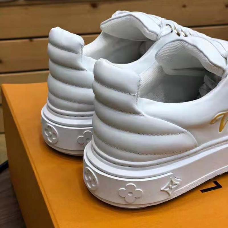 Louis Vuitton LV Unisex Time Out Sneaker in Supple Calf Leather with Rainbow-Colored Vuitton Signature-White