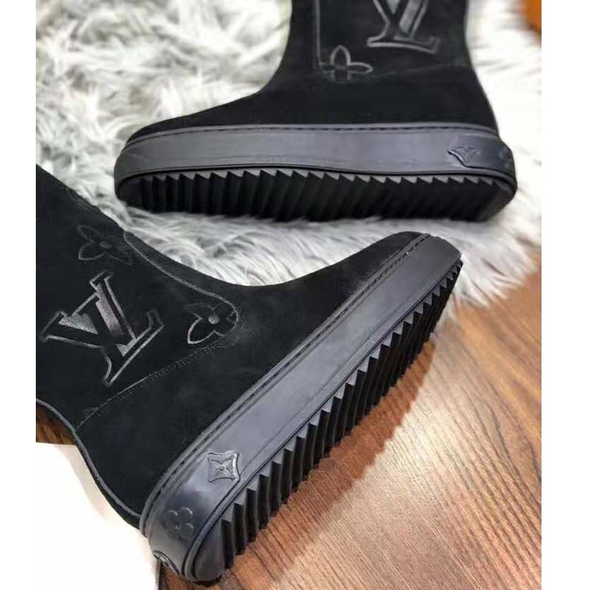 Louis Vuitton LV Women Breezy Half Boot in Black Suede Calf Leather with Monogram Canvas-Black