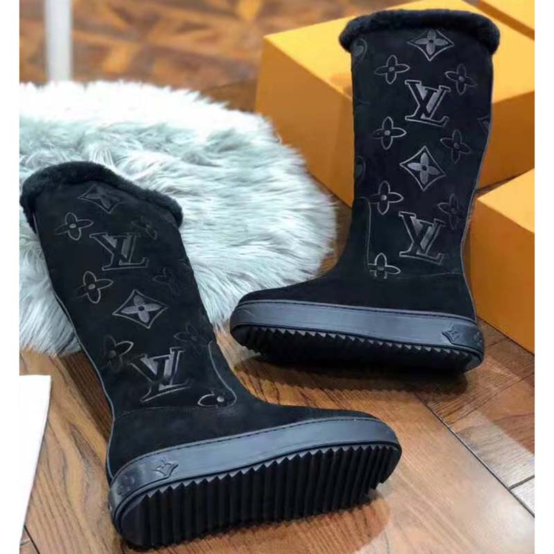 Louis Vuitton LV Women Breezy Half Boot in Black Suede Calf Leather with Monogram Canvas-Black
