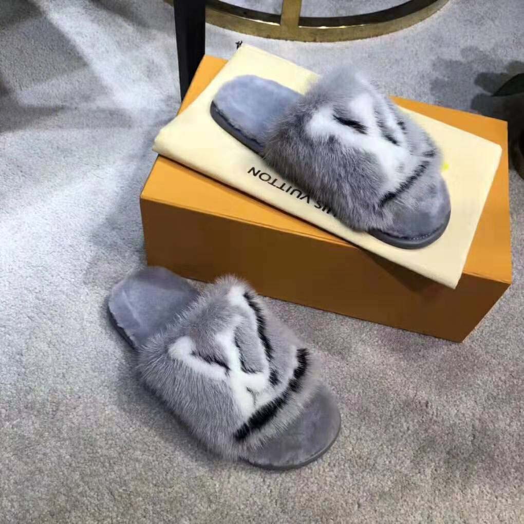 Louis Vuitton LV Women Homey Flat Mule in Mink Fur-Grey