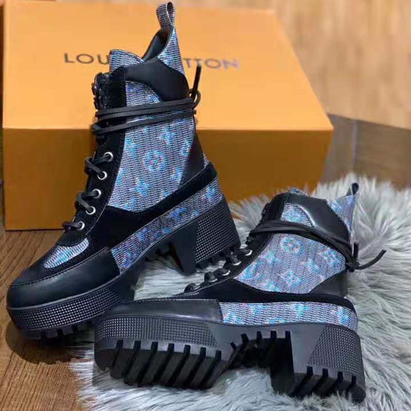 Louis Vuitton LV Women Laureate Platform Desert Boot in Calf Leather with Monogram Canvas-Blue