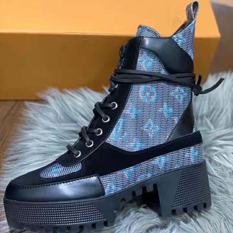 Louis Vuitton LV Women Laureate Platform Desert Boot in Calf Leather with Monogram Canvas-Blue