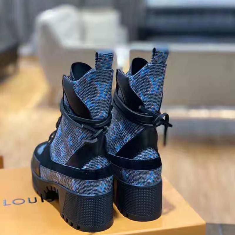 Louis Vuitton LV Women Laureate Platform Desert Boot in Calf Leather with Monogram Canvas-Blue