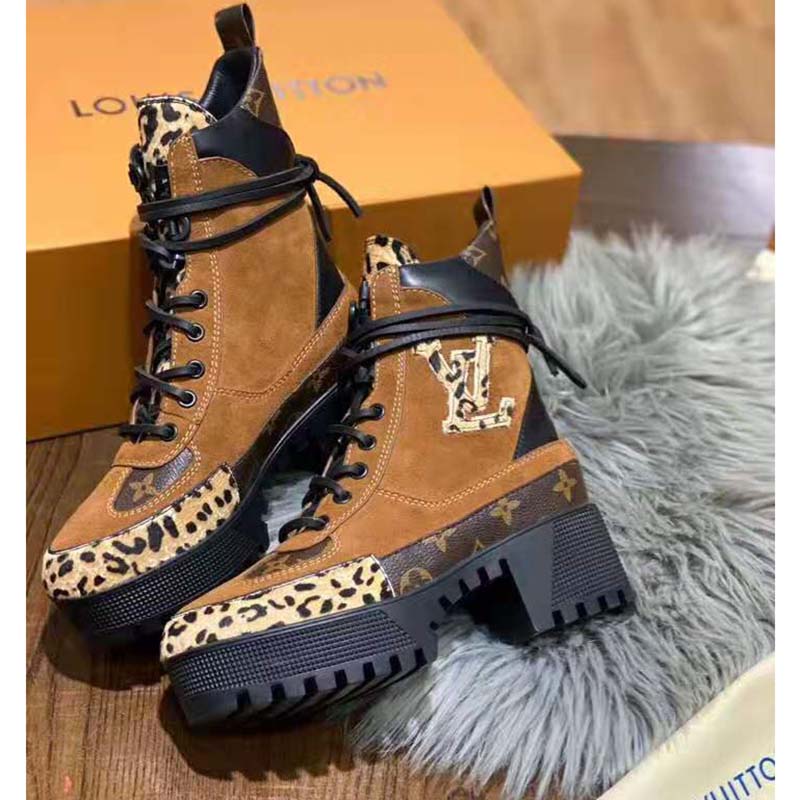 Louis Vuitton LV Women Laureate Platform Desert Boot in Soft Suede Calf Leather with Monogram Canvas-Brown