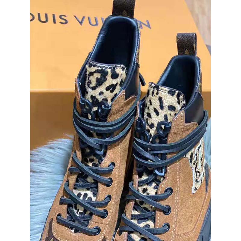 Louis Vuitton LV Women Laureate Platform Desert Boot in Soft Suede Calf Leather with Monogram Canvas-Brown