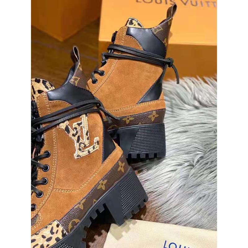 Louis Vuitton LV Women Laureate Platform Desert Boot in Soft Suede Calf Leather with Monogram Canvas-Brown